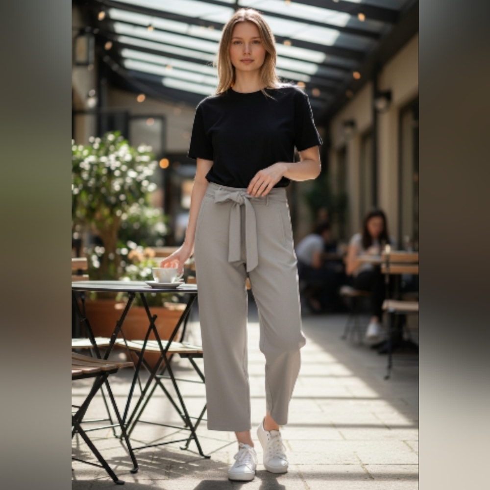 Aritzia Straight Leg Tie-Waist Pants in Light Gray